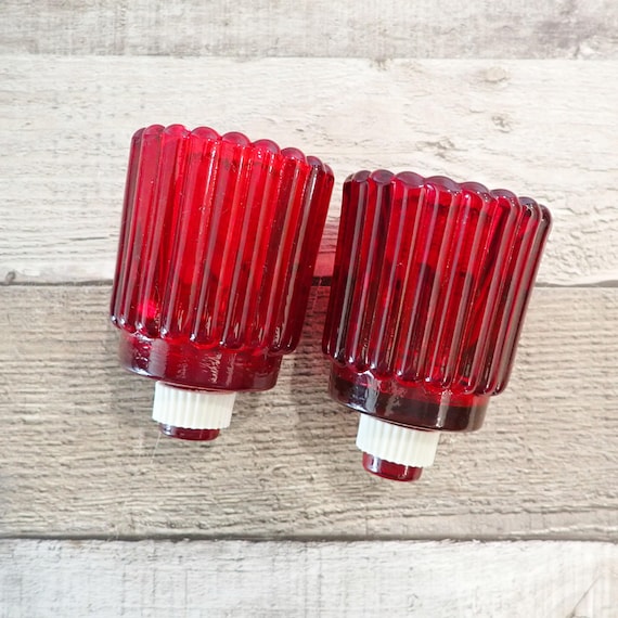 Vintage Red Glass Votive Cup Set of 2 Ribbed Pattern Peg Votive Holder for Candlestick