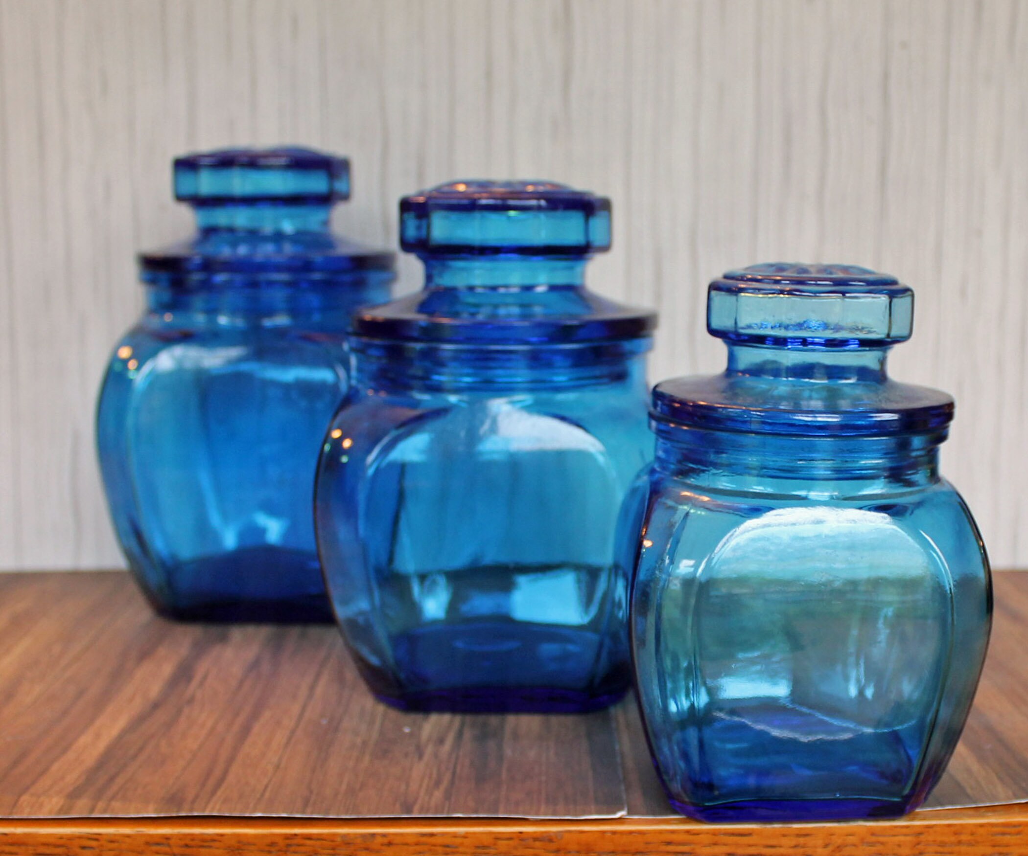 VIntage Blue Glass Canister Set of 3 with Lids Graduated Sizes Kitchen