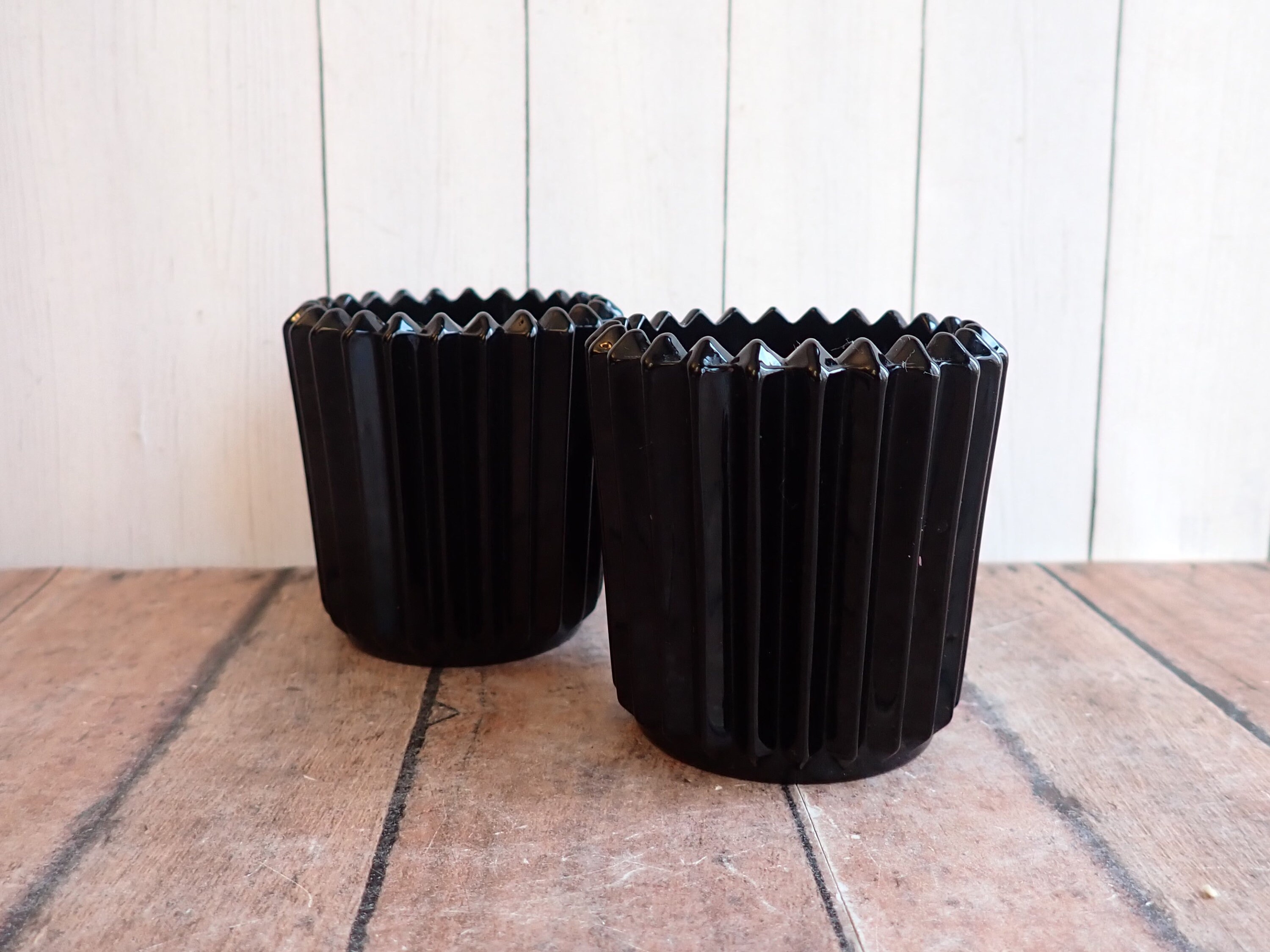 Vintage Black Glass Votive or Tealight Candle Holder Set of 2 Vertical Ribbed