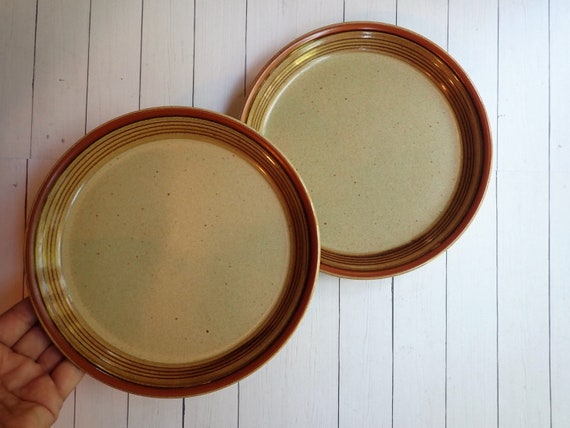 Vintage Mikasa Potters Art COUNTRY CABIN Salad Plate Set of 2 Tan with Orange Brown Stripes Banded Rim Ben Seibel Design