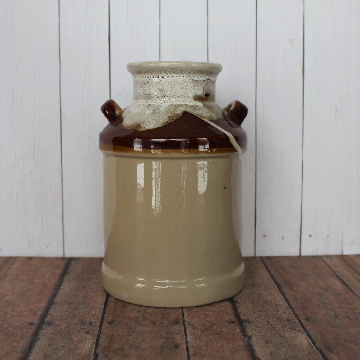 Vintage Stoneware Utensil Crock Canister Milk Jug Style Cream and Brown