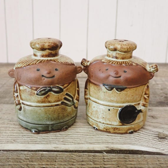 Vintage Stoneware Boy and Girl Salt and Pepper Shaker Set Mid Century Modern Knobler Fitz and Floyd