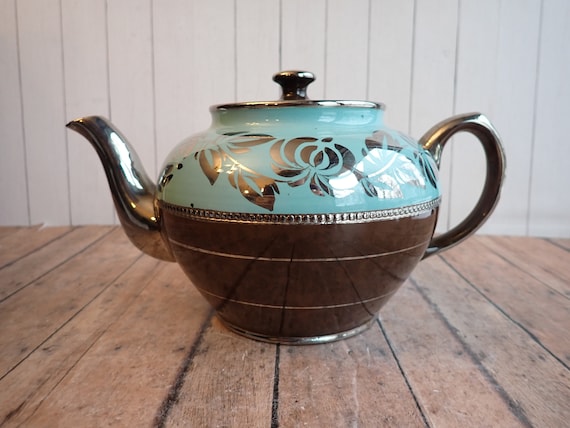 Vintage Sadler Teapot with Lid Brown and Blue Lusterware with Silver Flower Floral Design