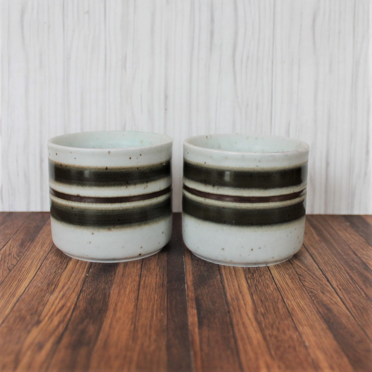 Vintage OTAGIRI Stoneware Sake Cup Set of 2 Gray Green Brown Striped Pottery Saki Cup Matches