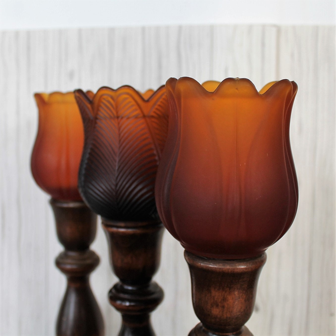 Vintage Votive Candlestick Set of 3 Amber Flower Votives with Wooden