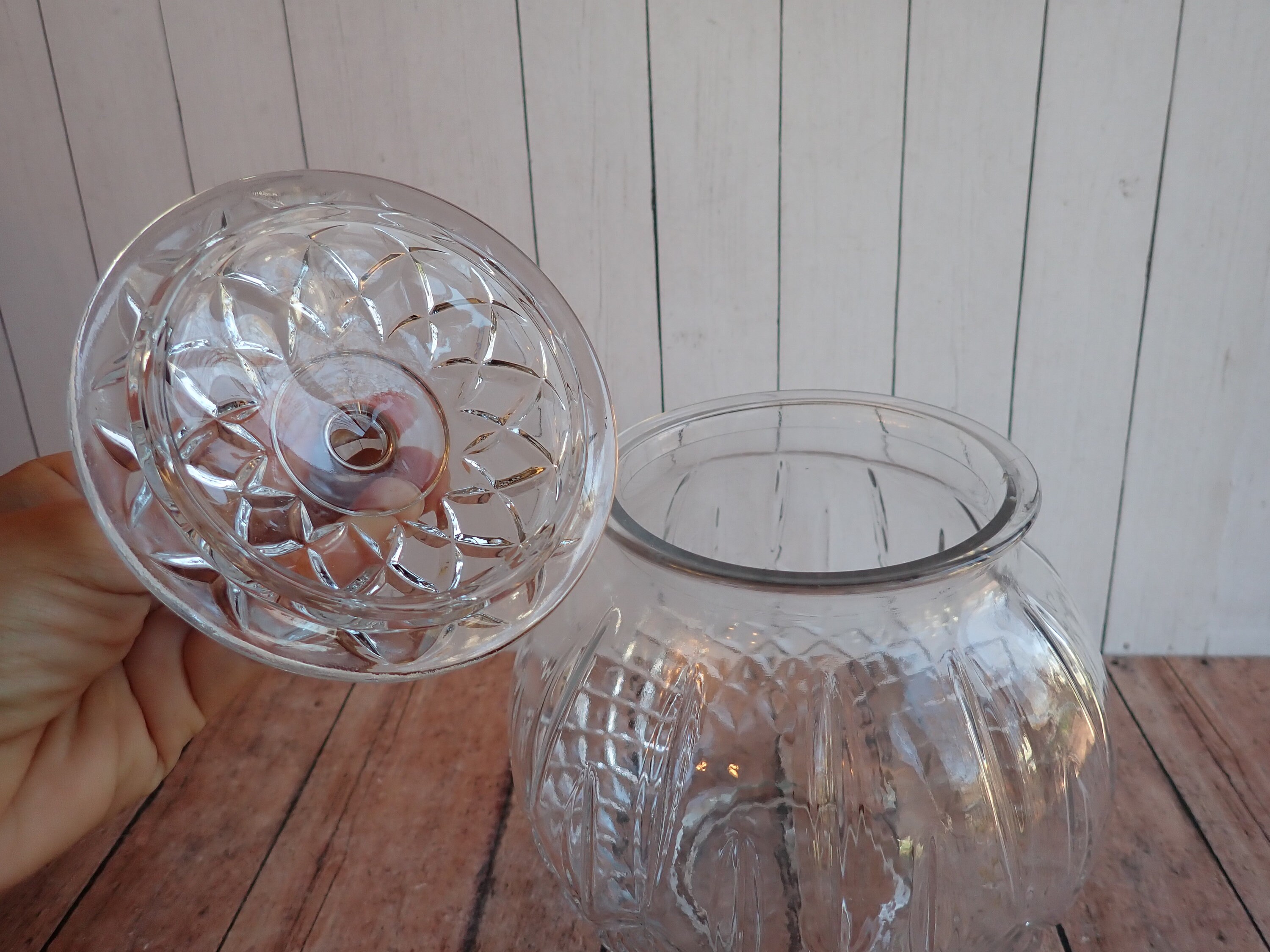 Vintage large glass pumpkin bowl candy dish with lid clear glass cookie