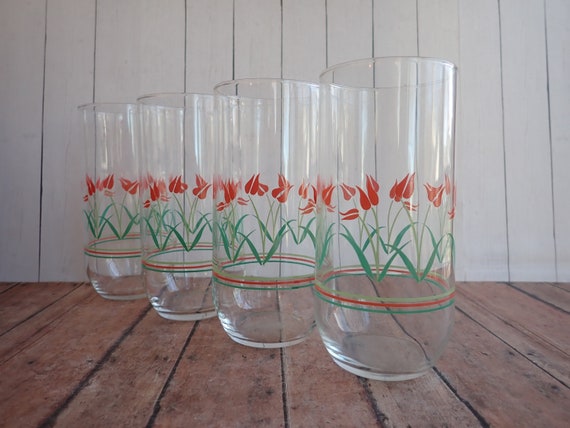 Vintage Corning Corelle Coral Tulip Caseys Flowers 16 oz. Glass Tumbler Set of 4 Glassware Tumblers Clear with Pink Tulip Flowers