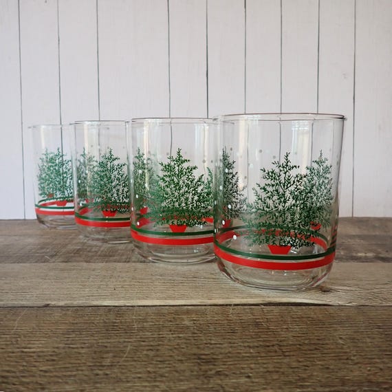 Vintage LIBBEY Christmas Snowy Trees Clear Old Fashioned Set of 4 with Green Pine Tree