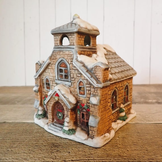 Vintage LEFTON Colonial Village Brown Stone Church Chapel Christmas Building Tealight or Votive Candle Holder 05817 No Box 1986