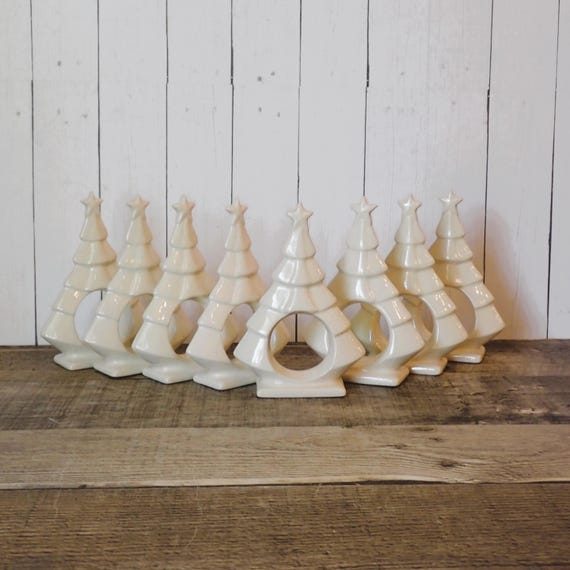 Vintage White Ceramic Christmas Tree Napkin Rings Set of 8