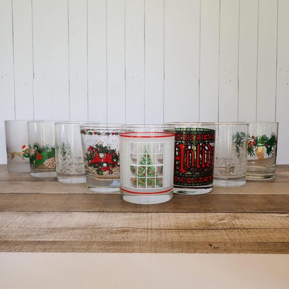 Vintage Mismatched Christmas Old Fashioned Glasses Set of 8 Mix and Match Holiday Drinkware Whiskey Rocks Glasses Party Barware