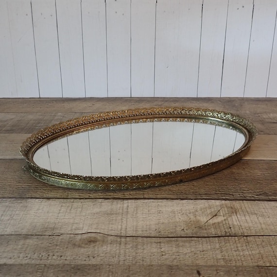 Vintage Gold Metal Oval Tray with Mirror Vanity Tray with Filigree Open Work Frame