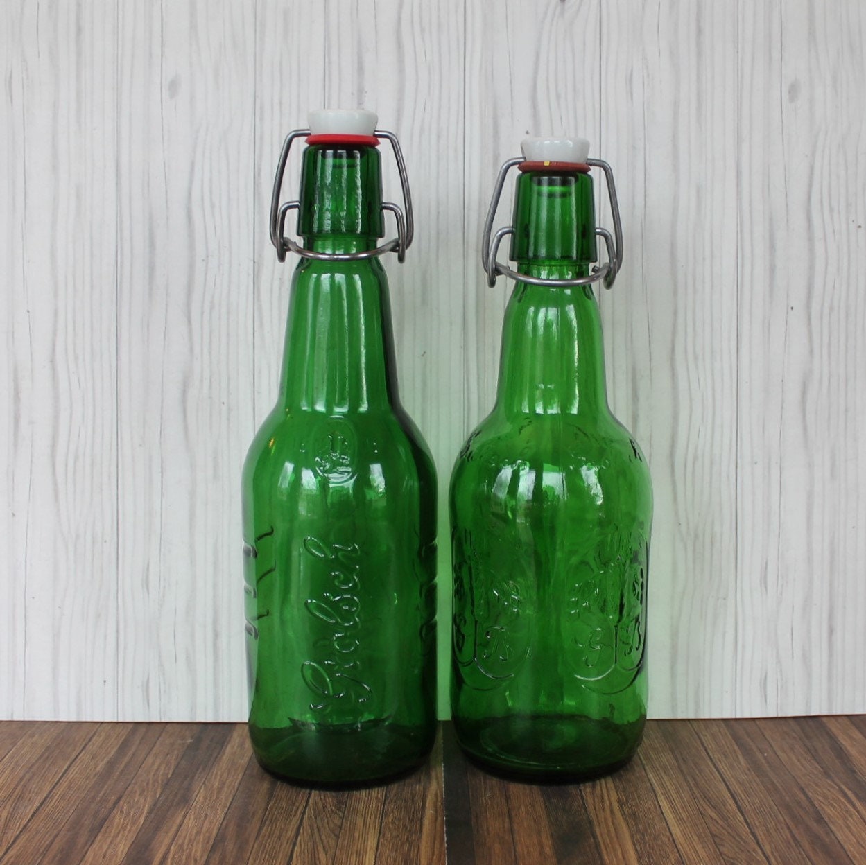 Vintage Grolsch Beer Bottle Set of 2 Green Glass Bottle with Cap and