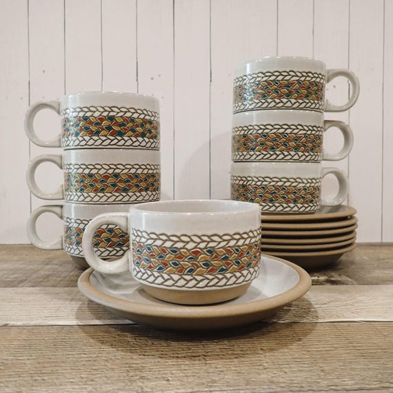 Vintage Midwinter BRAID Cup and Saucer Set of 7 White and Tan Stoneware Made in England
