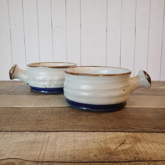 Vintage Pottery Stoneware Soup Bowl Mug with Handle Set of 2 Handmade Pottery Gray with Blue Band