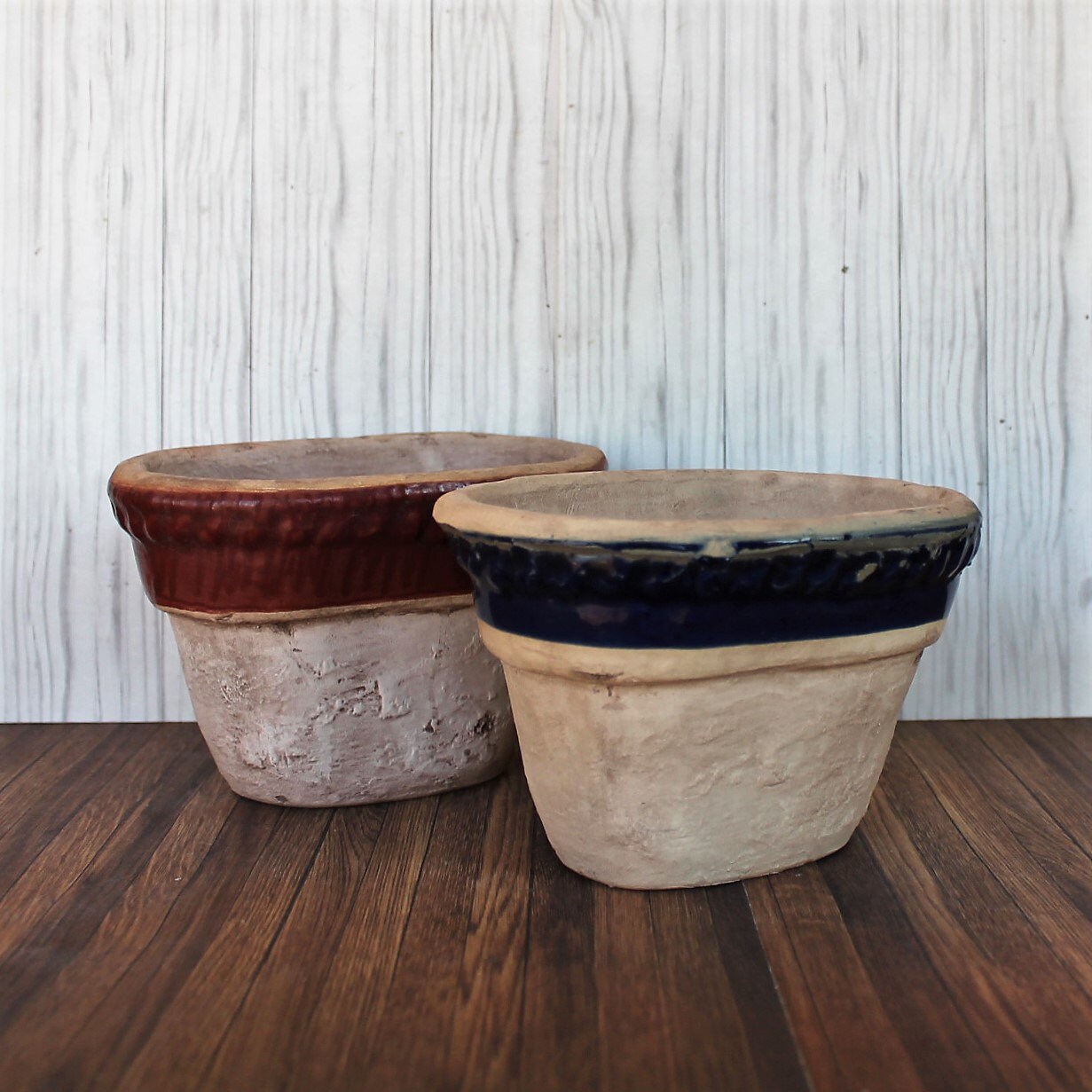 Vintage Rowe Pottery Works Stoneware Planter Flower Pot Set of 2 Tan