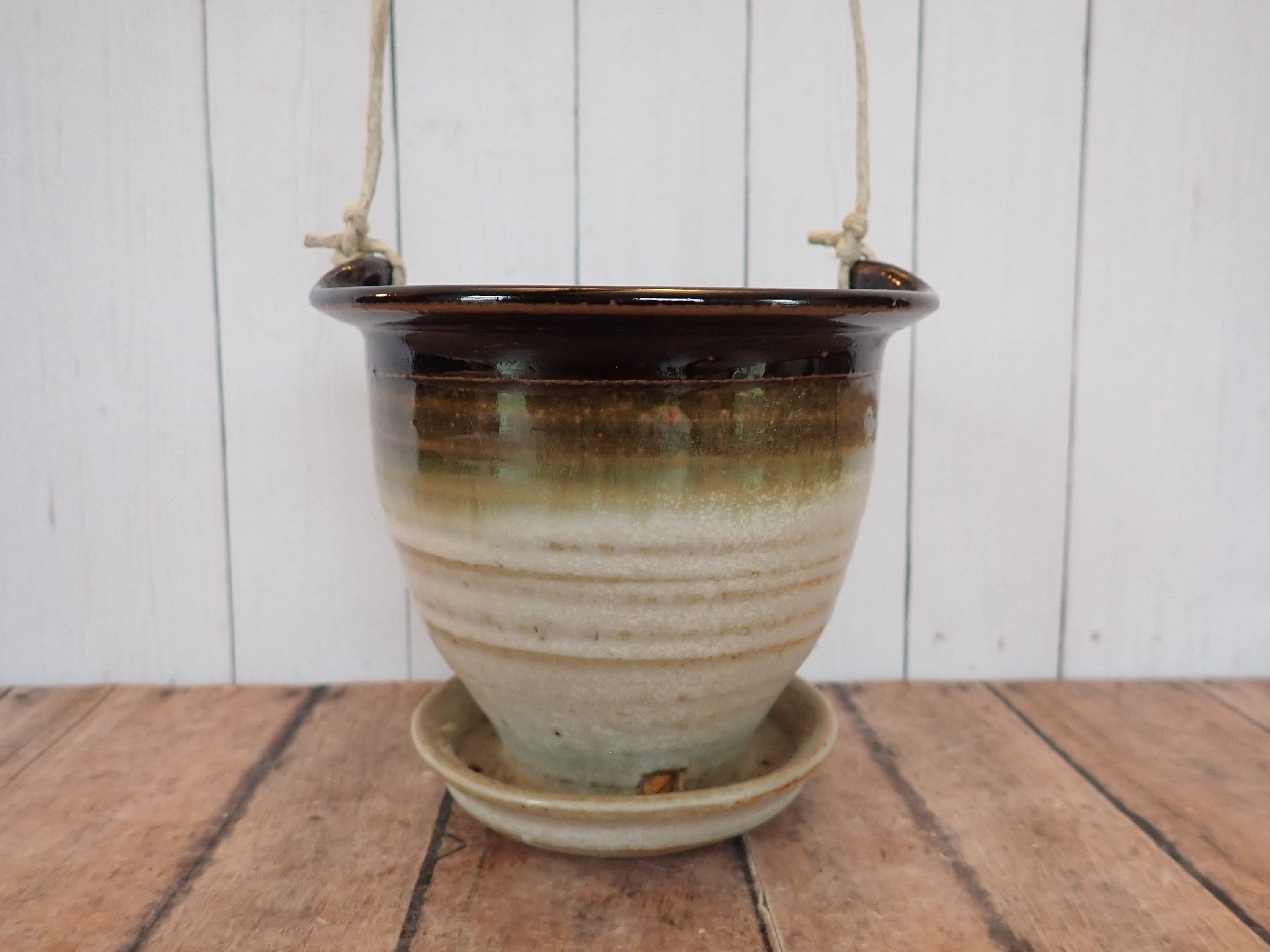 Vintage Hanging Planter Stoneware Flowerpot White and Brown Pottery