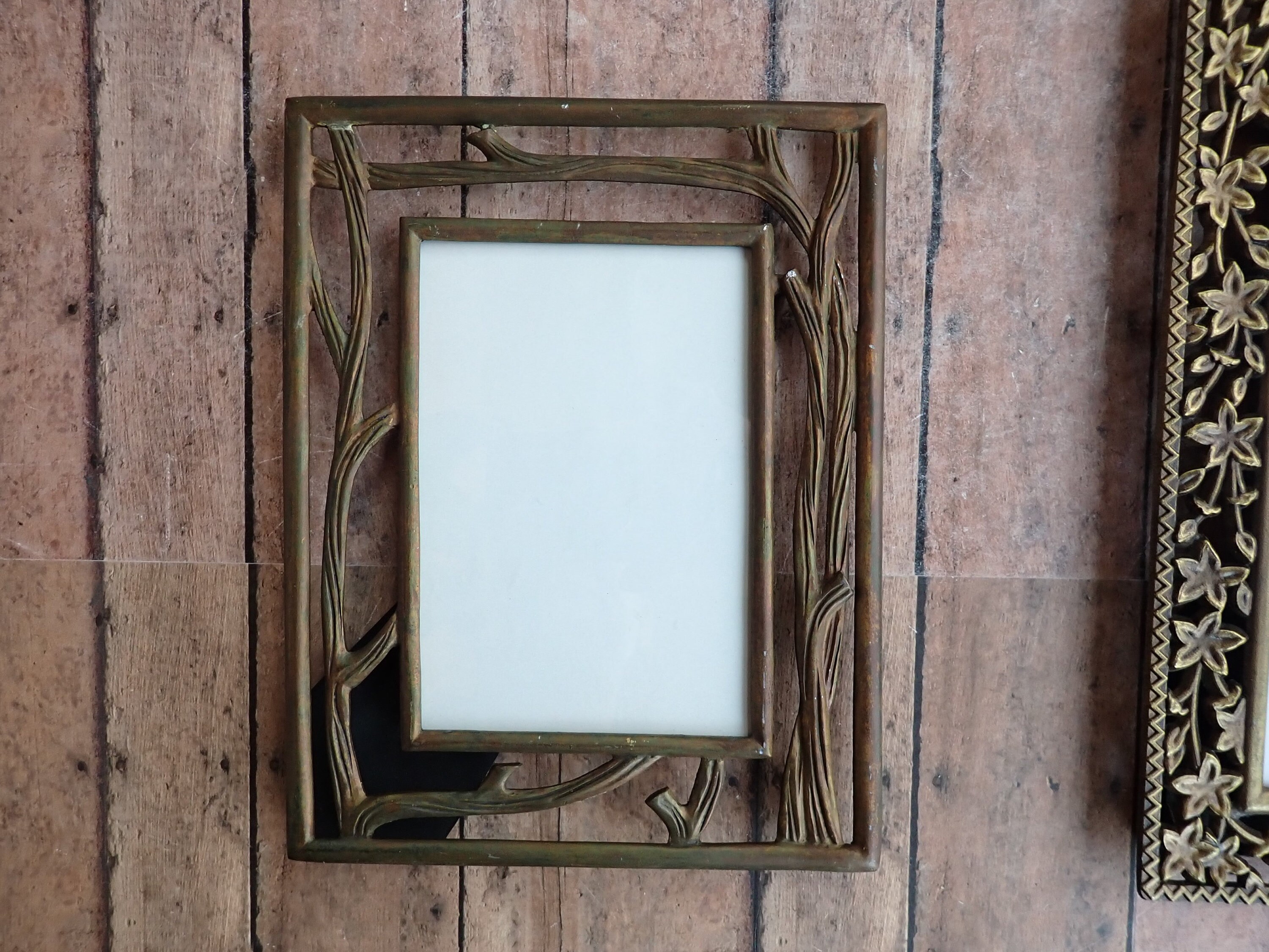 Vintage Bronze Metal Picture Photo Frame Set of 2 Etched Leaf and Tree