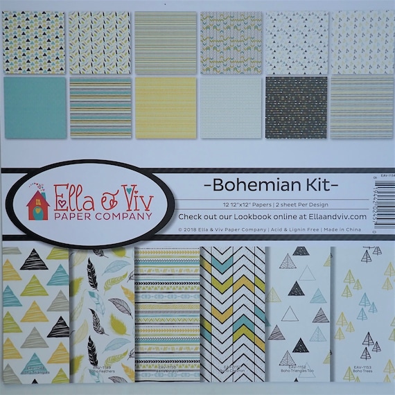 Ella and Viv BOHEMIAN 12x12 Scrapbook Paper Set of 12 Sheets Tribal Southwest Native Theme Leaf Mountain Tree Chevron Arrow Designs