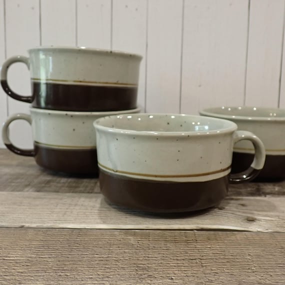 Vintage Otagiri Style Stoneware Soup Mug Bowl with Handle Set of 4 Matching White and Brown Banded Striped Design