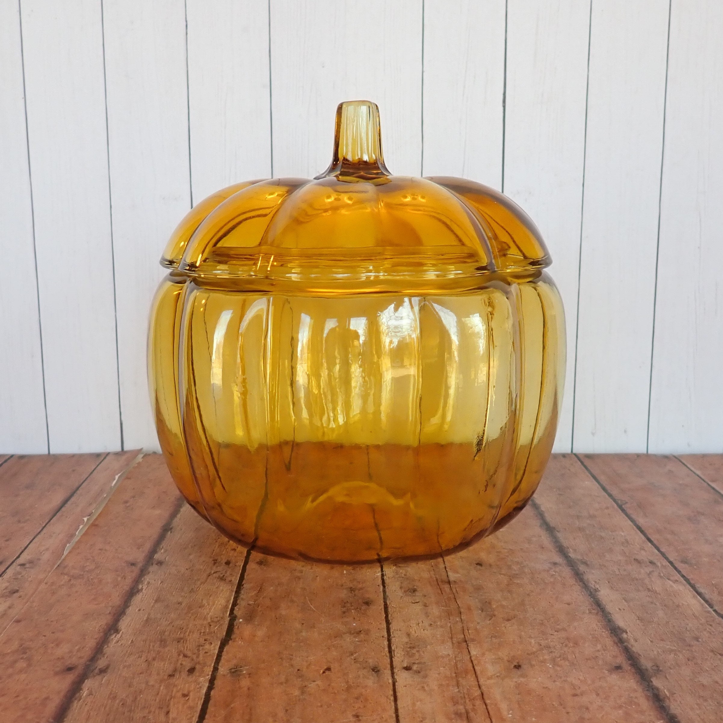 Vintage Yellow Glass Pumpkin Canister Bowl Candy Dish with Lid Cookie
