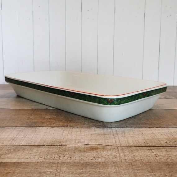 Vintage Porsgrund Norway 12" Ceramic Rectangular Baker Tray White with Green Evergreen Pine Design
