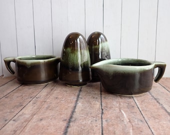 Vintage Pfaltzgraff COPPER GREEN Drip Stoneware Open Sugar Bowl Creamer and Salt and Pepper Set of 4