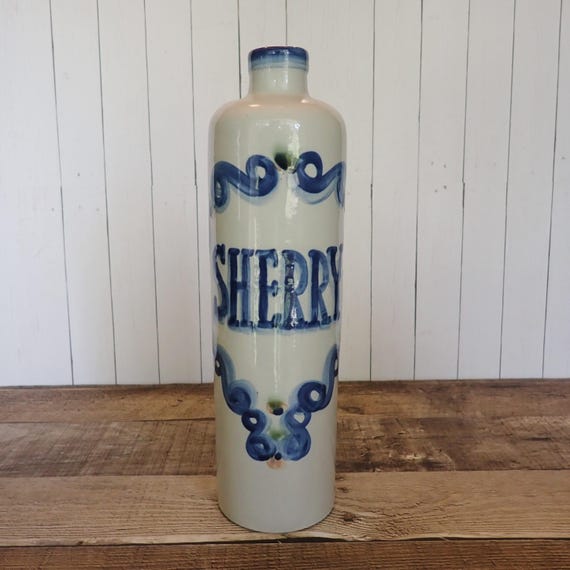 Vintage Mary MA Hadley Country Scene Blue Stoneware Sherry Bottle