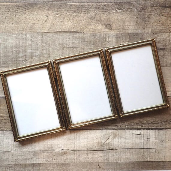 Vintage Brass Gold Metal Triple Hinged 5x7 Three Part Photo Picture Frame Tri-Fold 5" x 7" Size