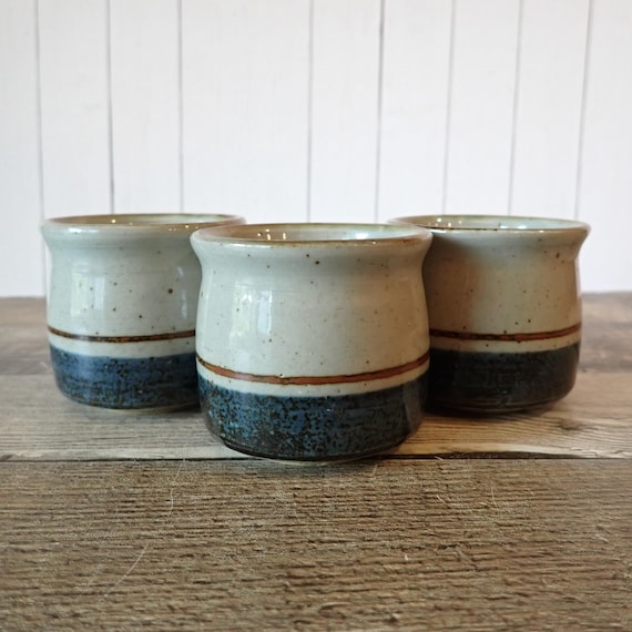 Vintage Otagiri MARINER Stoneware Sake Cup Set of 3 Cups Gray with Blue and Brown Bands Mid Century Pottery