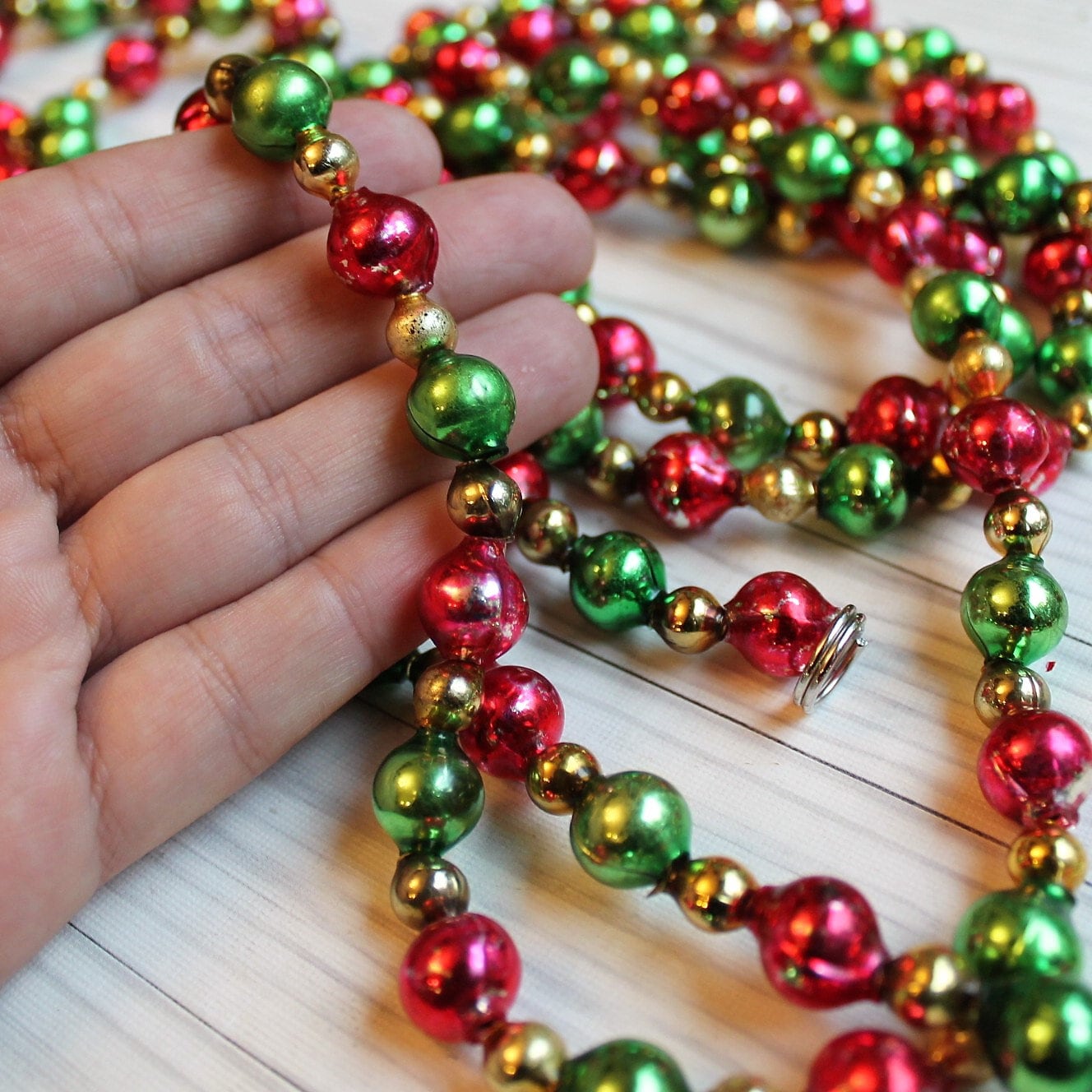 Vintage Mercury Glass Bead Garland 7' Beaded Green Red Gold 90 Feather Tree  Christmas Tree Garland Handmade Repurposed Beads