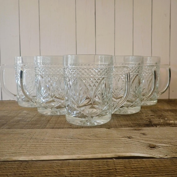 Vintage Cristal D'Arques-Durand Antique Clear Glass Mug Set of 5 Cut Floral Design Luminarc Flower Lattice Design Made in USA
