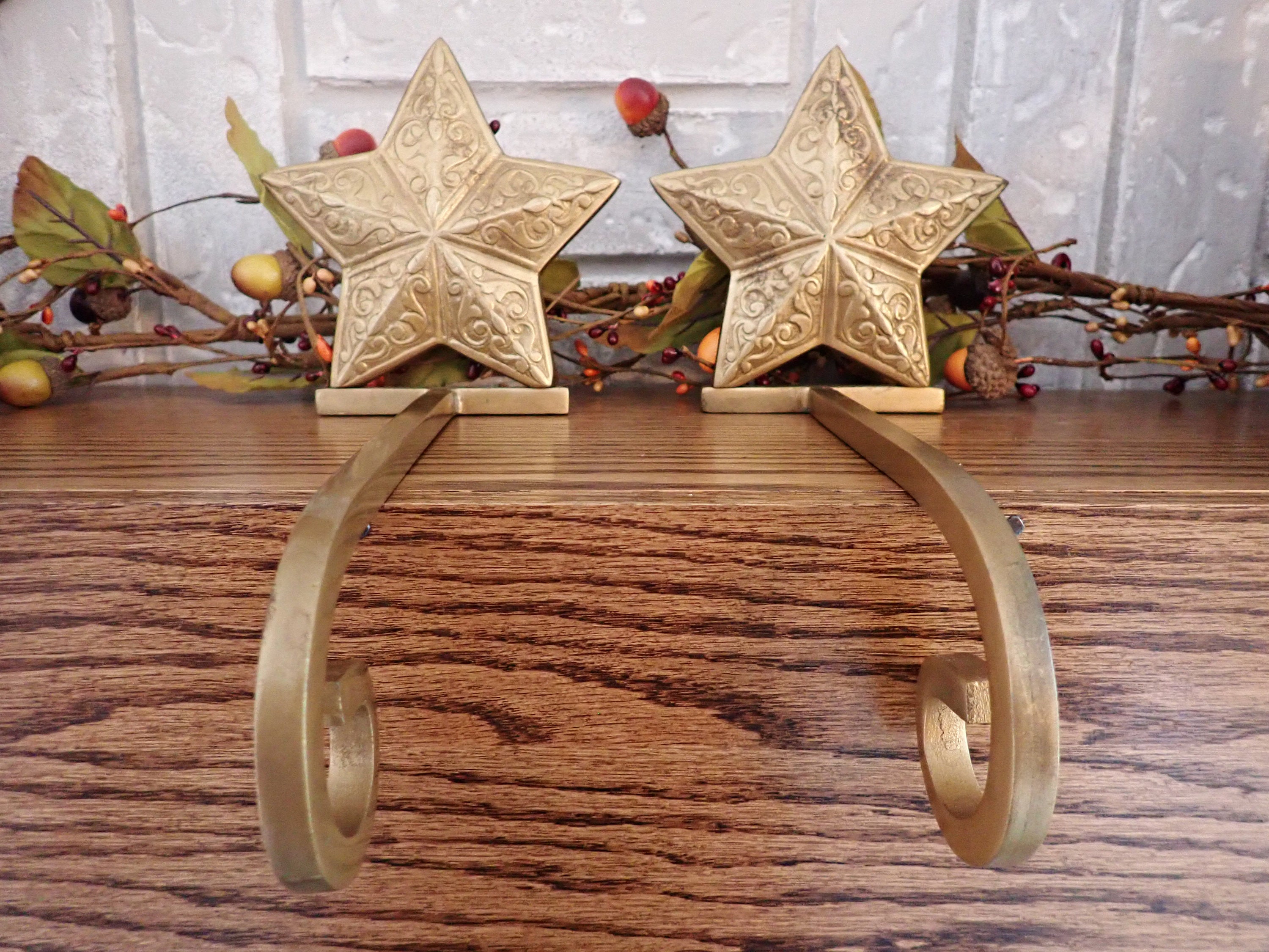 Vintage Brass Star Stocking Hanger Hook Holder Set of 2 Christmas
