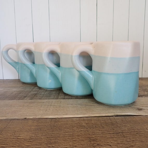 Vintage Rodolfo Padilla Pottery Stoneware Mug Set of 4 Blue and White with Striped Banded Design