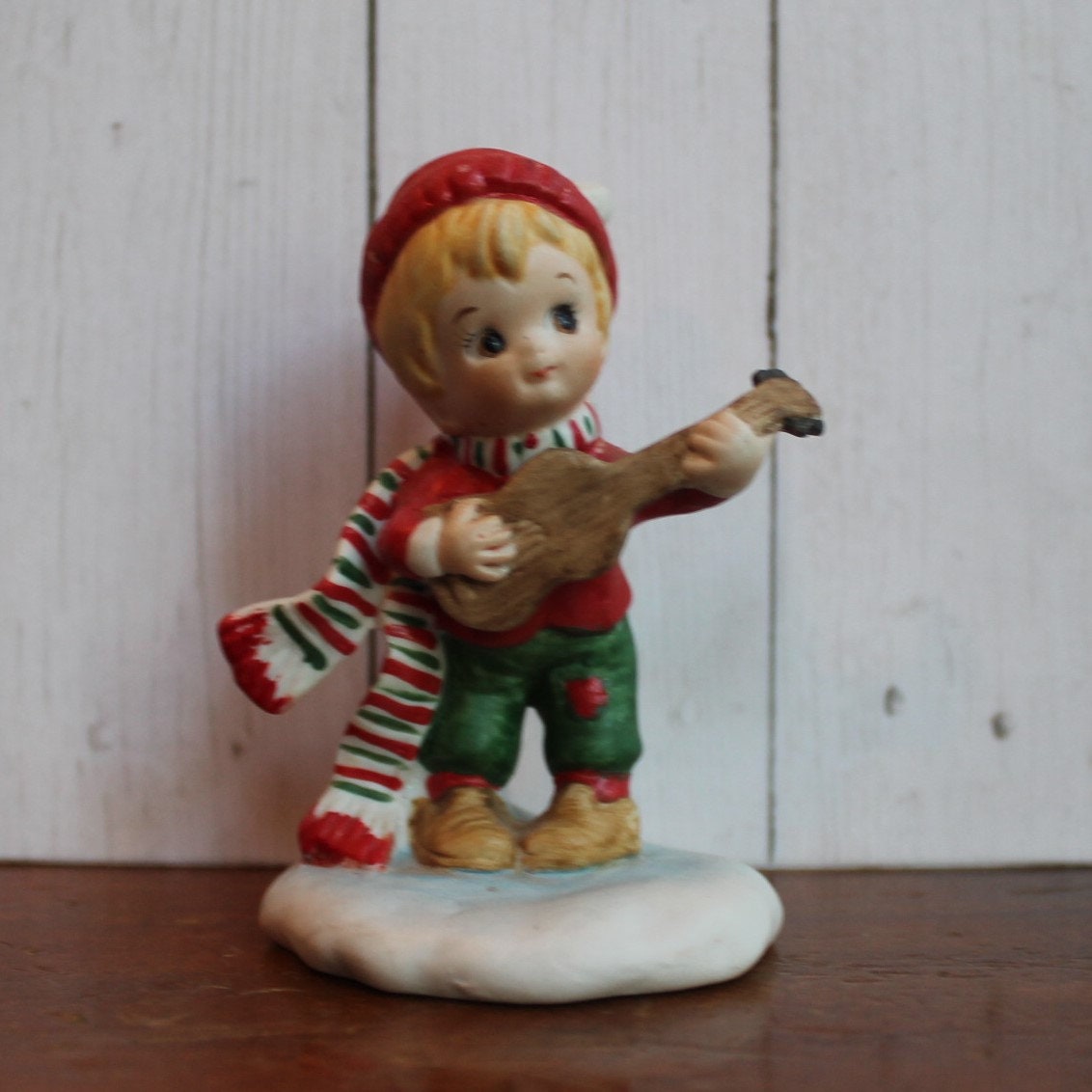 Vintage LEFTON Christmas Figurine Boy with Instrument Set of 2 Boy with