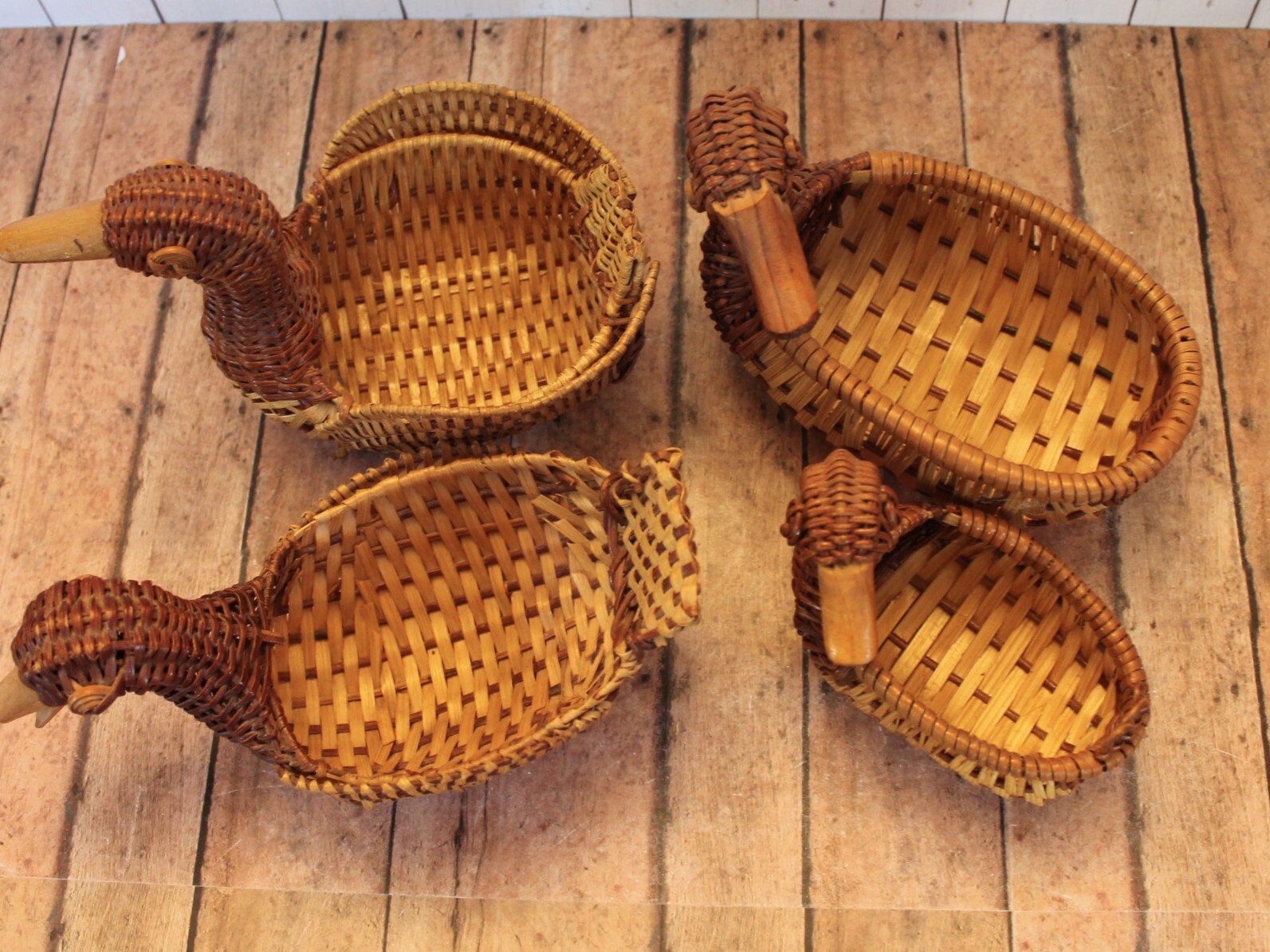 Vintage Wicker Woven Duck Basket Set of 4 Small Beige and Brown Wicker