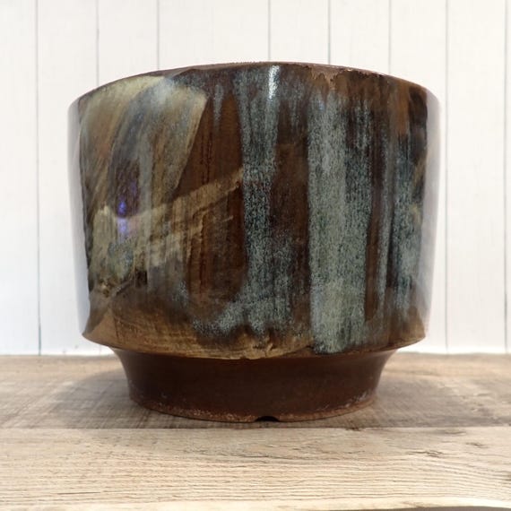 Vintage Treasure Craft USA Stoneware Bowl Planter Brown Blue Gray with Textured Design Mid Century Modern Robert Maxwell Style Pottery Craft