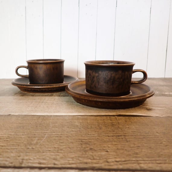 Vintage Arabia of Finland RUSKA Demitasse Cup and Saucer Set of 2 Brown Stoneware