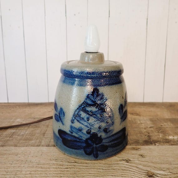 Vintage Rowe Pottery Works 1988 Small Accent Table Lamp Gray Salt Glazed Stoneware Crock Jug with Blue Pineapple Flower Design 1980s