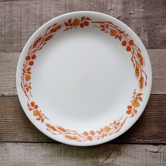 Vintage Corning Corelle Salad Plates Set of 4 White with Orange and Brown Wheat and Flower Design