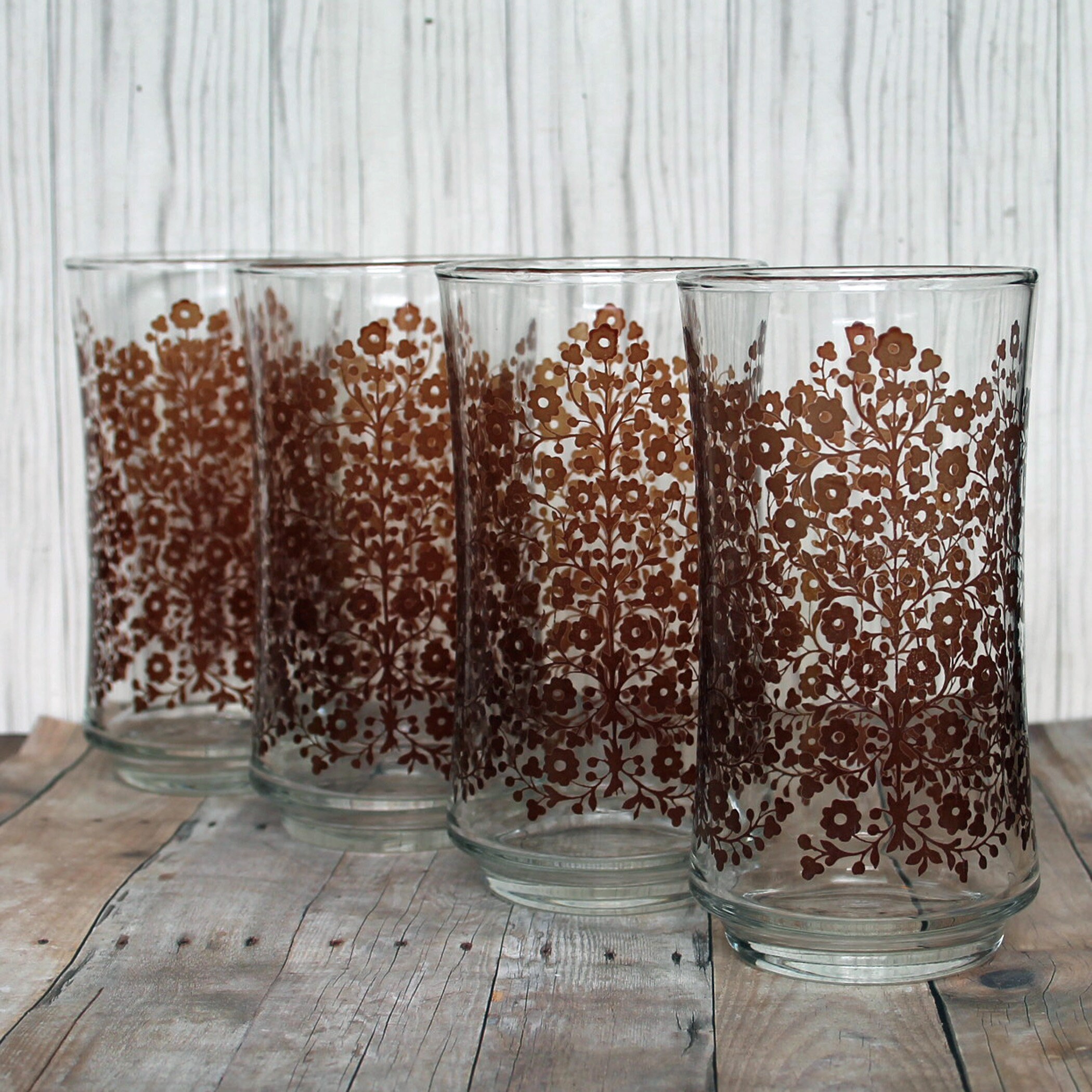 Vintage Libbey Clear Glass Tumbler Set of 4 with Brown Flower and Berry