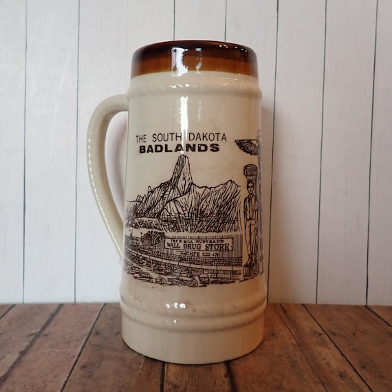 Vintage South Dakota Souvenir Stein Mug Badlands Mount Rushmore Black Hills Cream and Brown Stoneware Travel