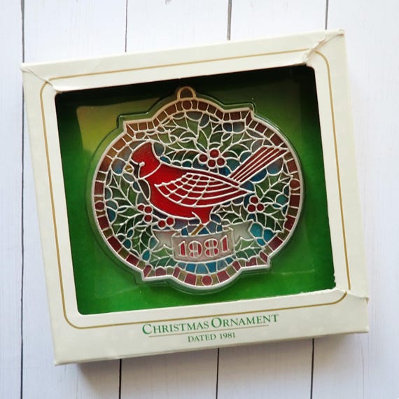 Vintage HALLMARK Ambassador Cardinal Christmas Ornaments Plastic Faux Stained Glass 1981