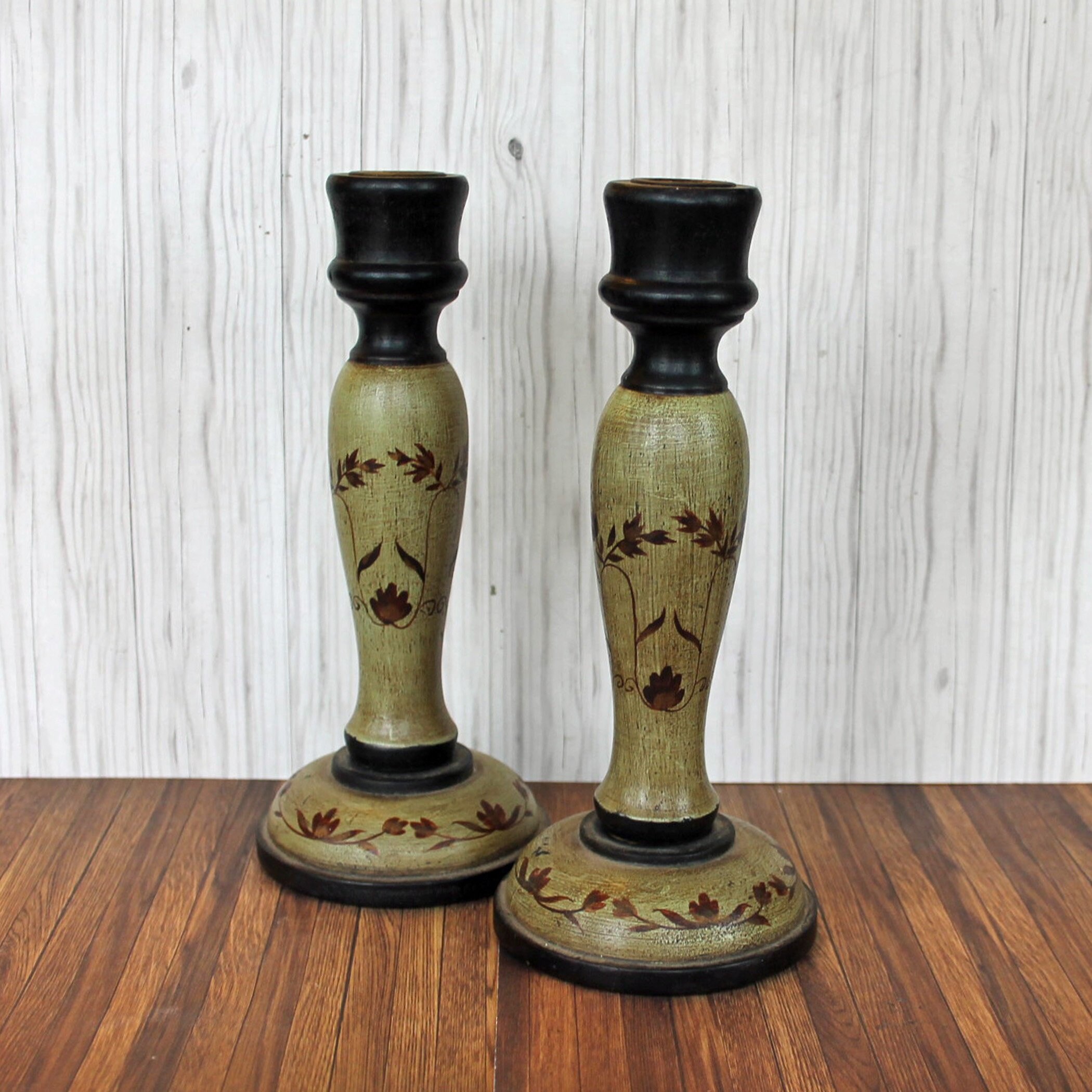 Vintage Wood Candlesticks Set of 2 Wooden Black and Gray Painted Floral