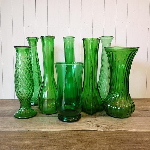 Vintage Green Glass Vase Set of 8 Diamond Star Floral Pattern All Different Tropical Decor Wedding Vases