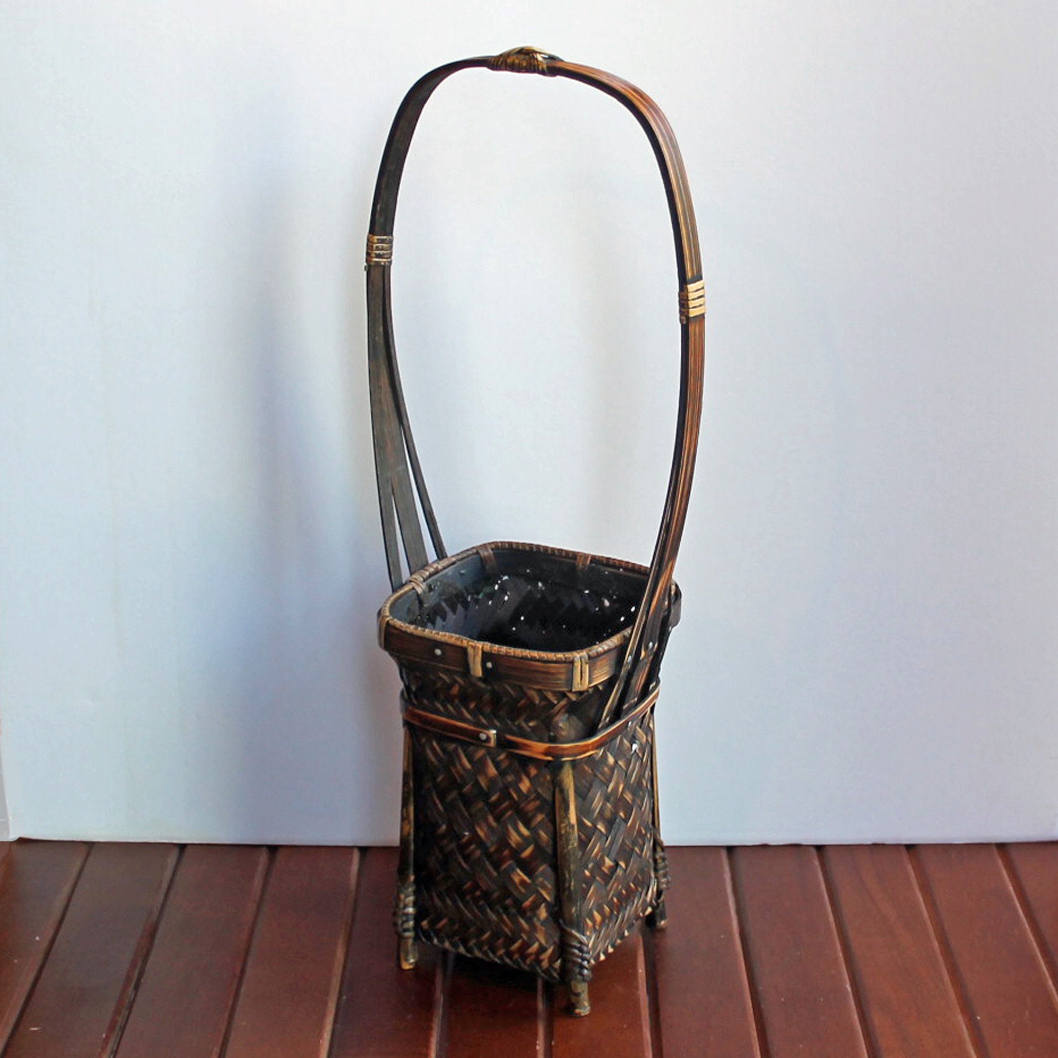 Vintage Woven Wicker Footed Basket Vase Asian Ikebana Tall Square