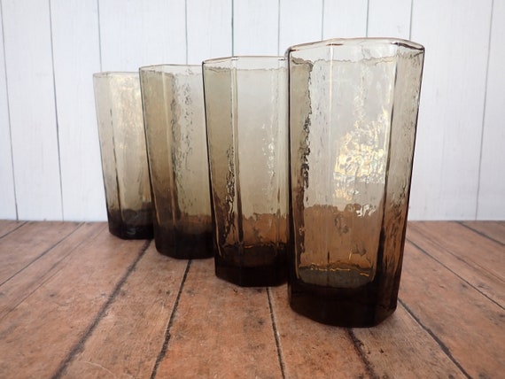 Vintage Libbey Glass FACETS Smoky Brown Tumbler Set of 4 Faceted 5" Tumbler Cooler 12 oz. Drinking Glass