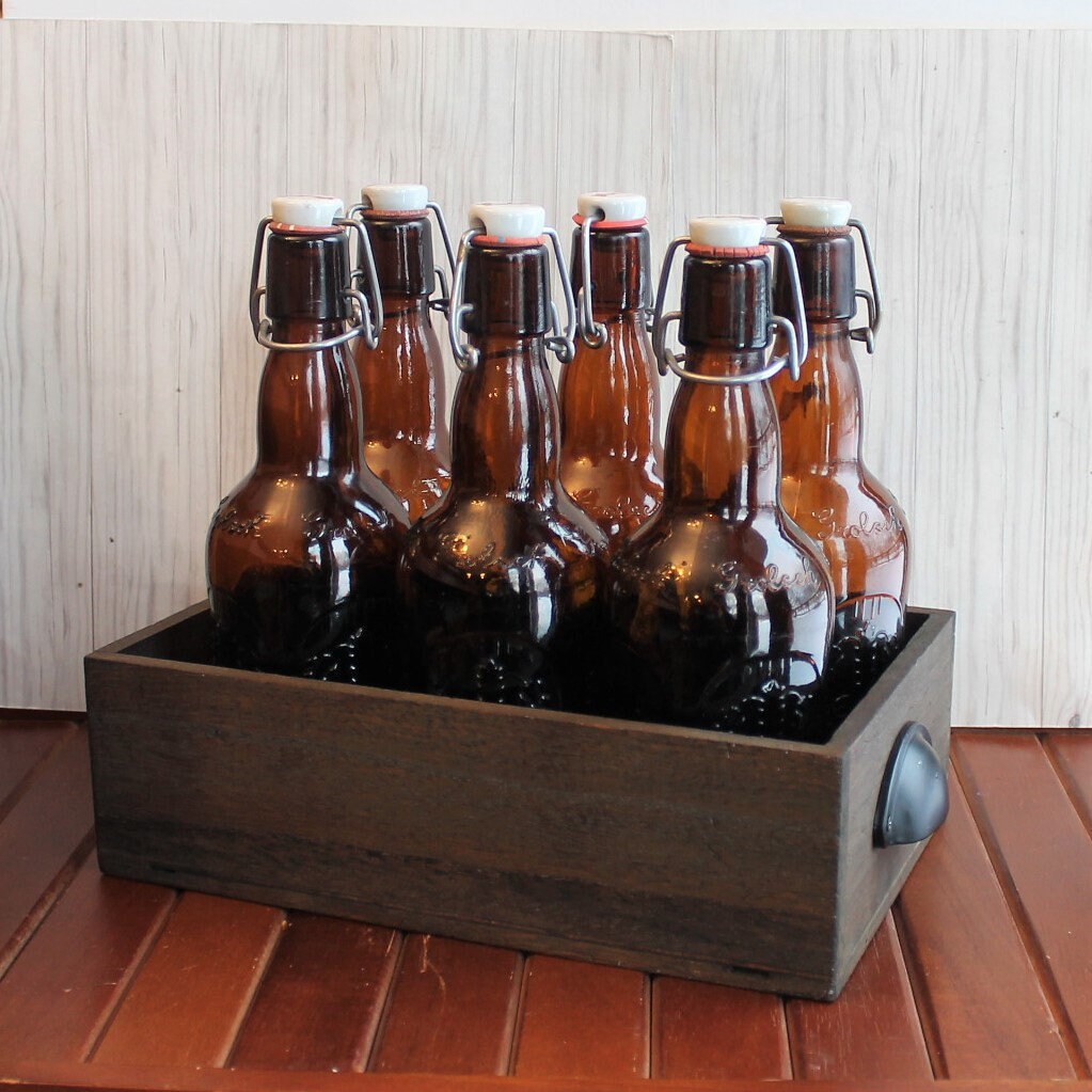 Vintage Grolsch Beer Bottle Set of 6 with Wooden Crate Amber Brown Glass Bottle with Cap and