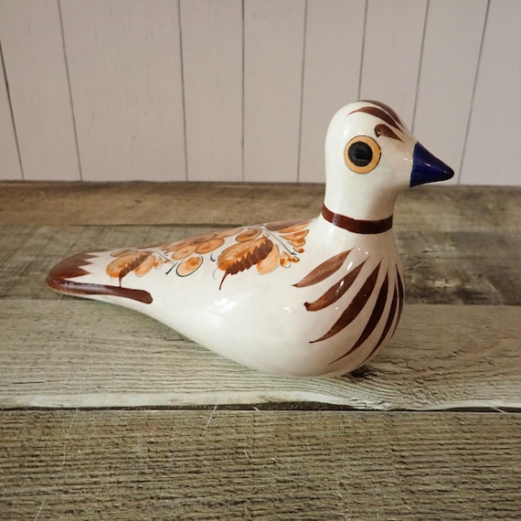 Vintage Mexican Pottery Tonala Bird Figurine Tan and Brown Pottery Bird