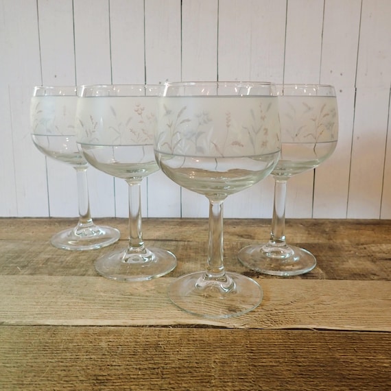 Vintage Noritake WOODSTOCK Clear Glass 10 oz. Glassware Goblets Set of 4 with Leaf and Wheat Design